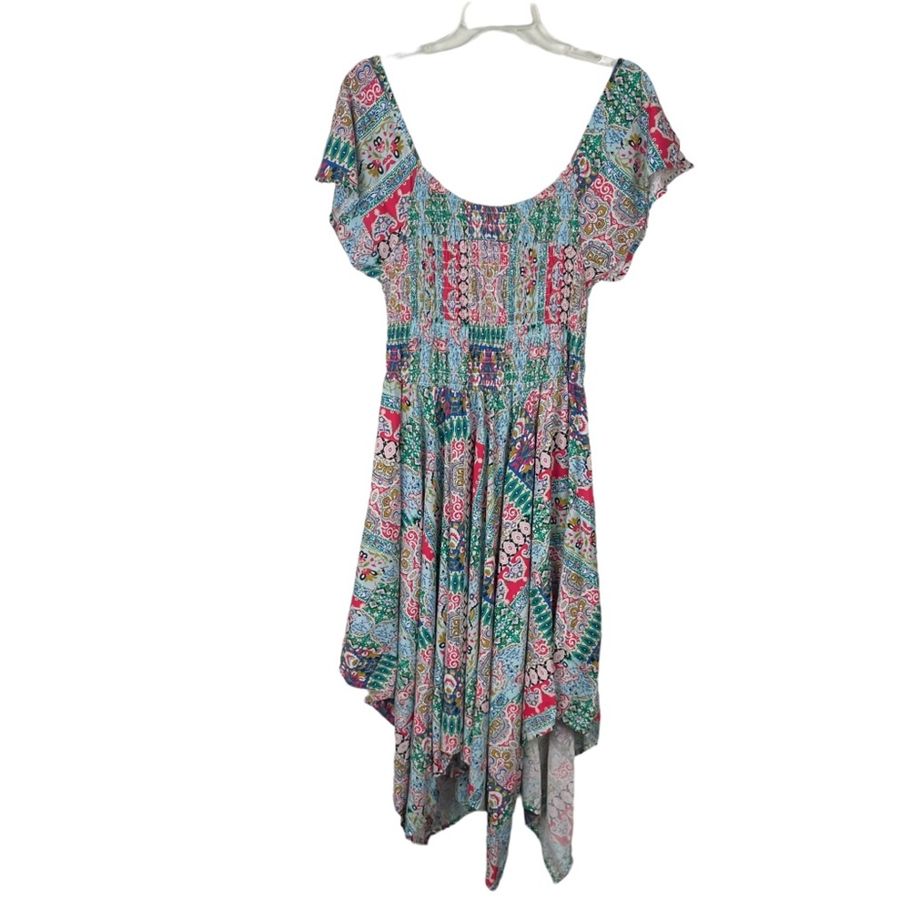 Shore Drive Boho Smocked Dress Handkerchief Hem Plus Size Curve Multi Paisley